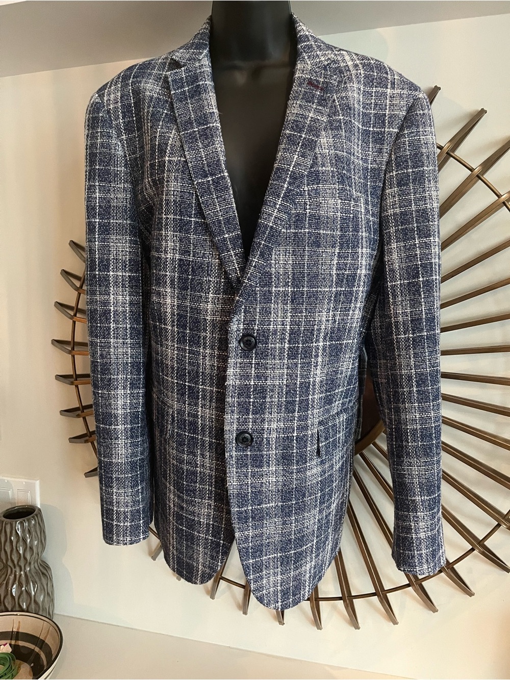 Leif Horsens Blue & White Plaid Sport Coat - Classic Two-Button Blazer